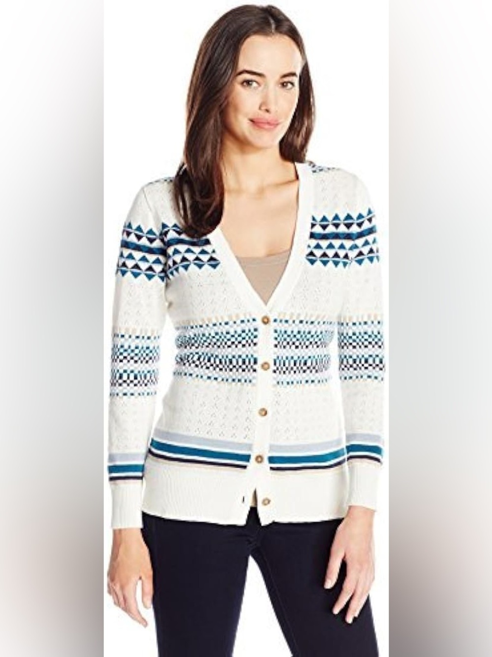 Pendleton Cream Teal & Navy Geometric V-Neck Button Cardigan
